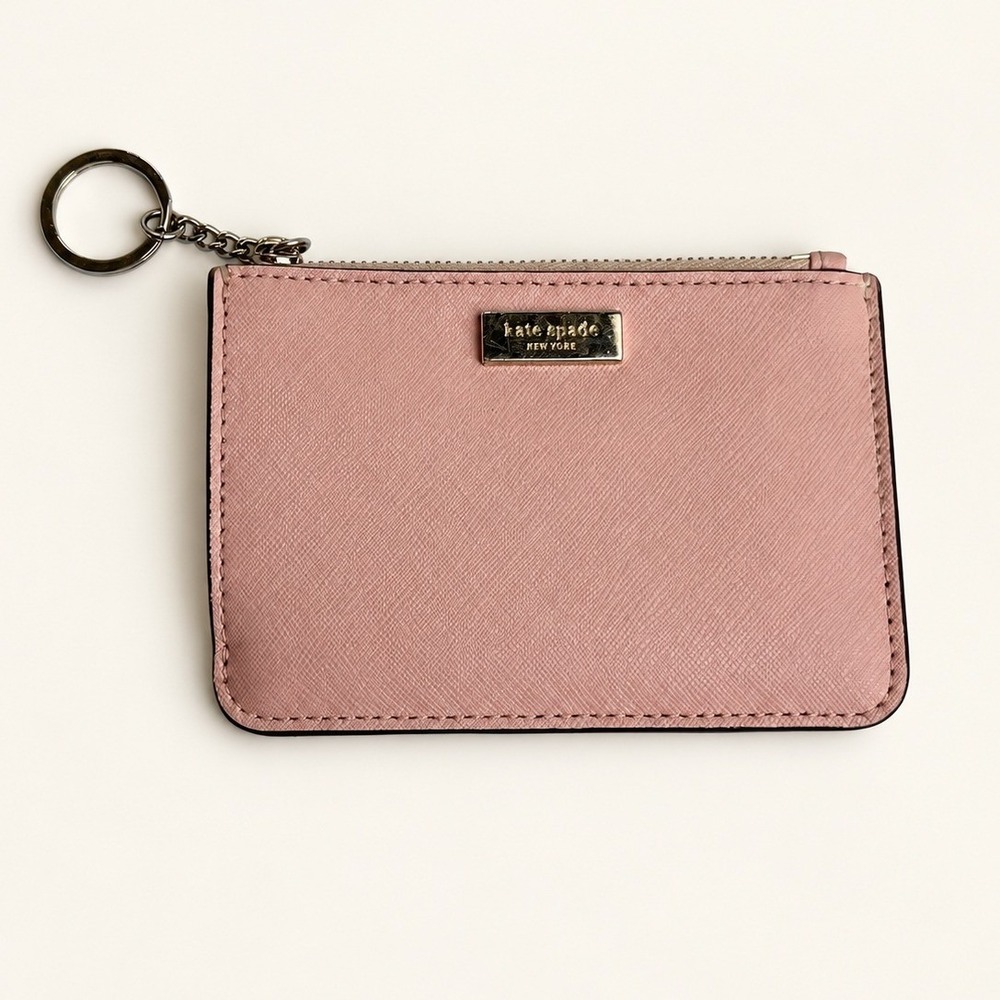 Kate Spade New York Pink Saffiano Leather Zip Card Holder Keychain Wallet